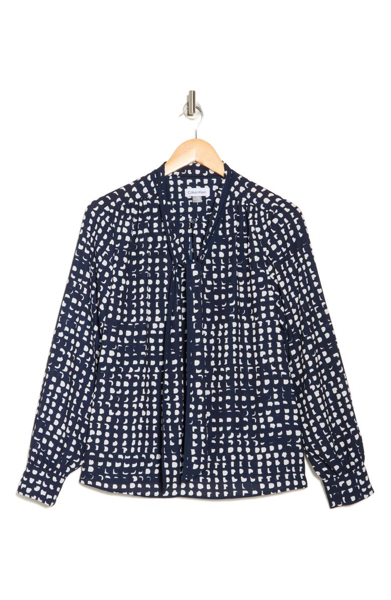 Calvin Klein Geo Print Tie Neck Crepe Top, Alternate, color, Navy/ Cream