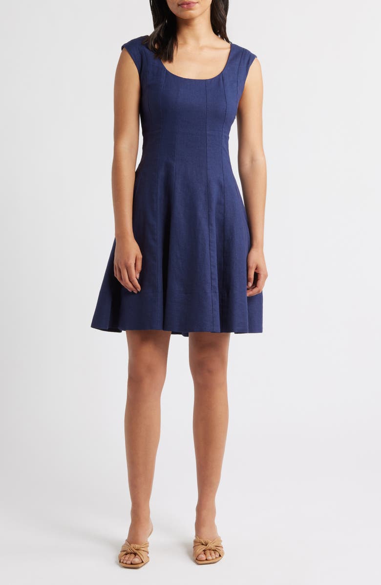 Charles Henry Linen Blend Fit & Flare Dress, Main, color, Navy