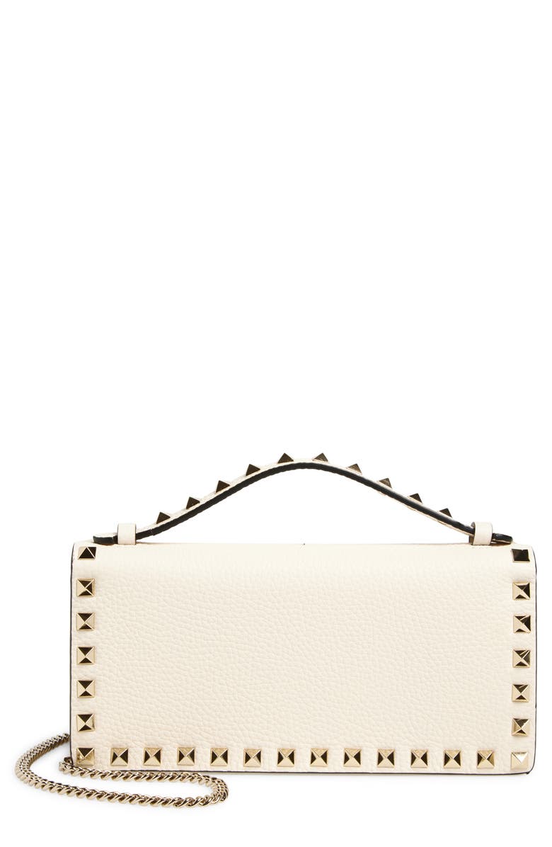 Valentino Garavani Rockstud Leather Wallet on a Chain, Main, color, Light Ivory