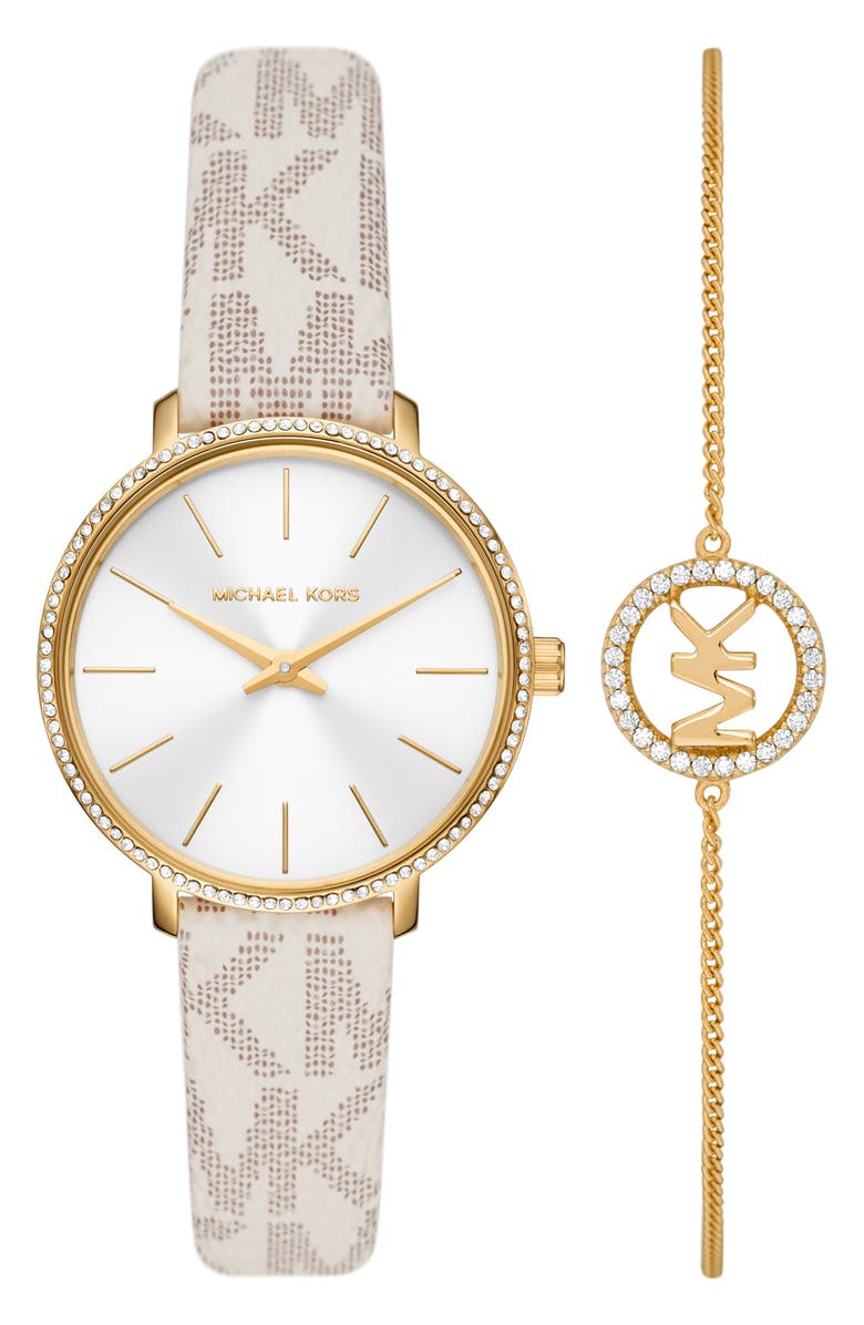 Michael Kors MICHAEL Michael Kors Mini Pyper MK Logo Leather Strap Watch & Bracelet Set, 32mm, Main, color, 