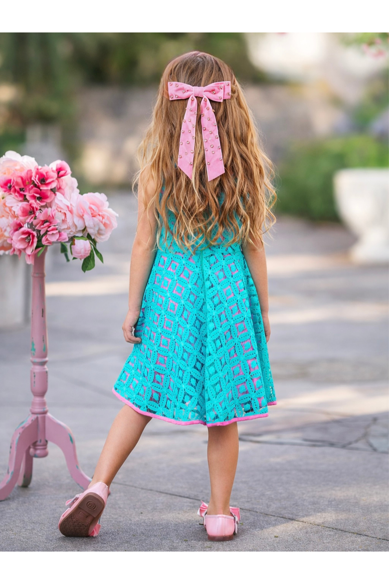 Lacey Scallop Trim Party Dress, Alternate, color, Blue-Green