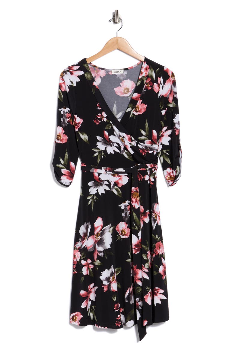 Faux Wrap Mid Dress, Alternate, color, BLACK FLORAL