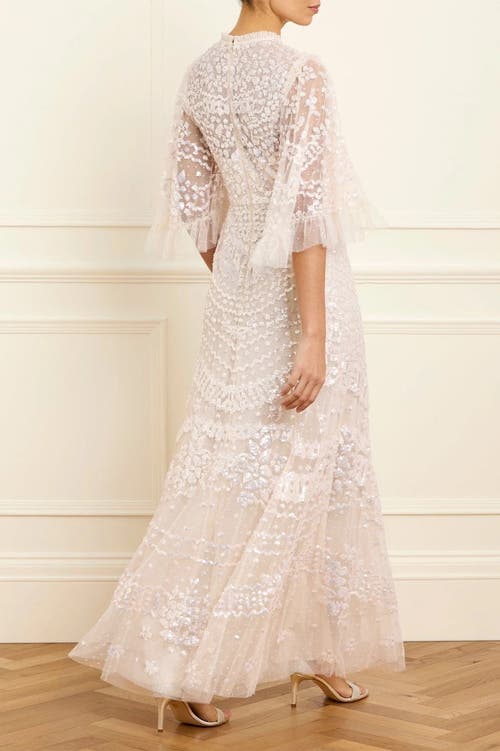 Needle & Thread Anais Sequin 3/4 Sleeve Maxi Gown In Neutral