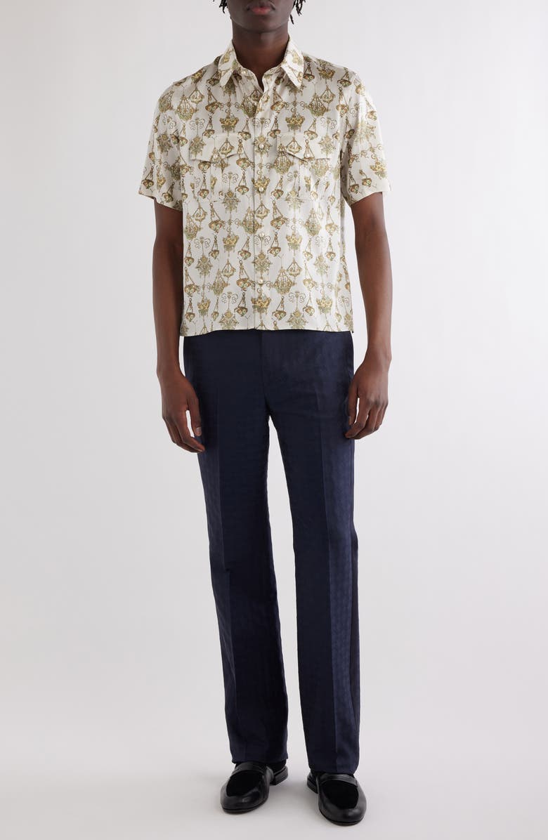 Givenchy Military Slim Fit Short Sleeve Stretch Silk Button-Up Shirt, Alternate, color, Cream/ Ochre