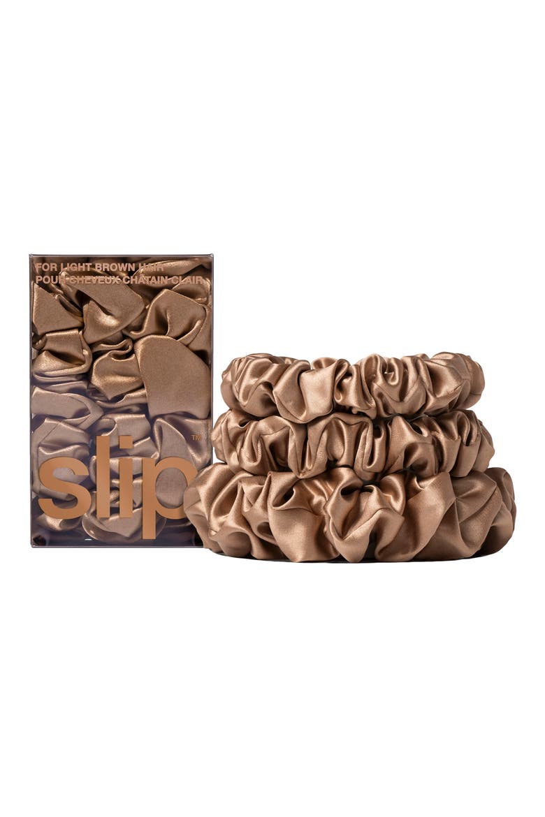 3-Pack Large & Small Silk Scrunchie Set, Alternate, color, LIGHT BROWN