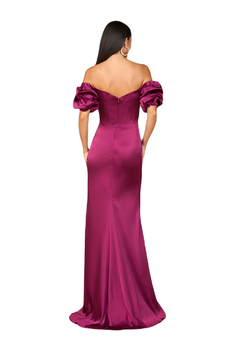 Off Shoulder Satin Dress with Slit, Alternate, color, Wine