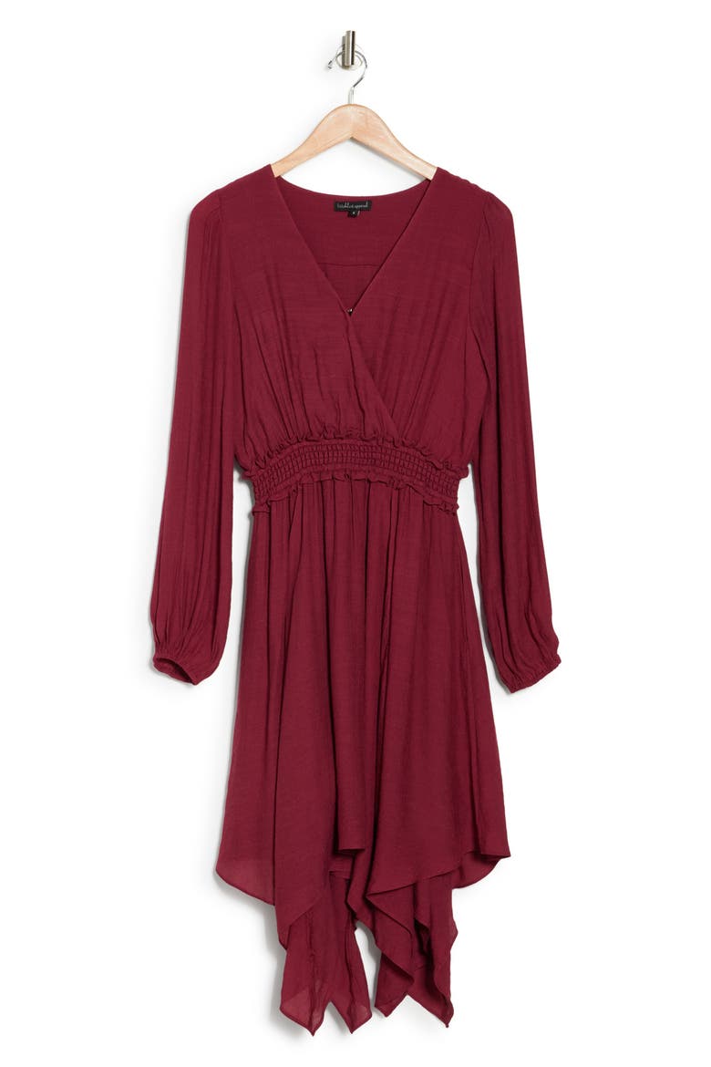 Long Sleeve Handkerchief Hem Dress, Alternate, color, WINE