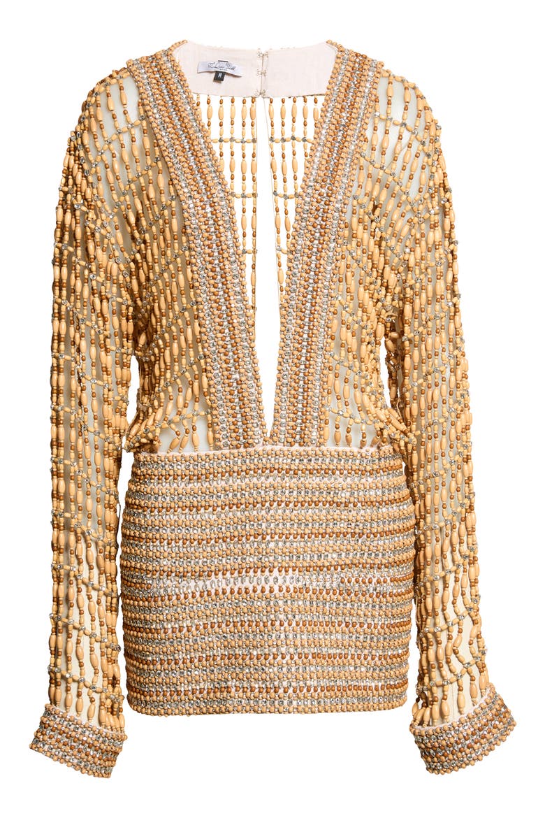 Beaded Long Sleeve Plunge Neck Minidress, Alternate, color, NATURAL/ CLEAR