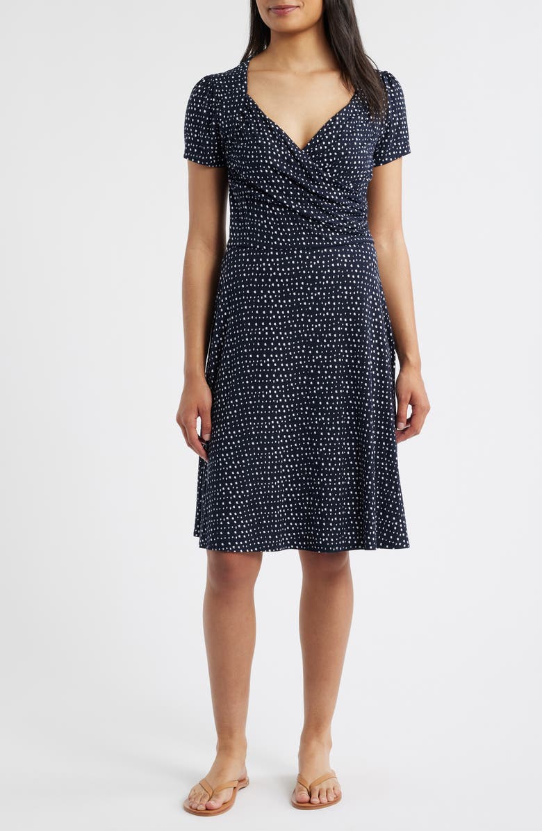 Loveappella Dot Print Surplice Neck Dress, Main, color, Navy