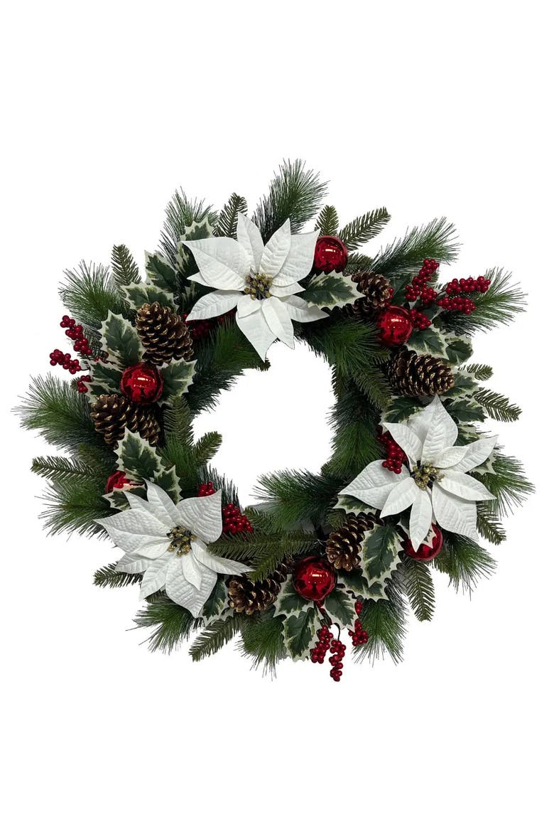 26" White Poinsettia Pinecone & Berry Wreath Pre-Lit, Main, color, White