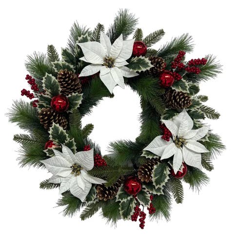 26" White Poinsettia Pinecone & Berry Wreath Pre-Lit