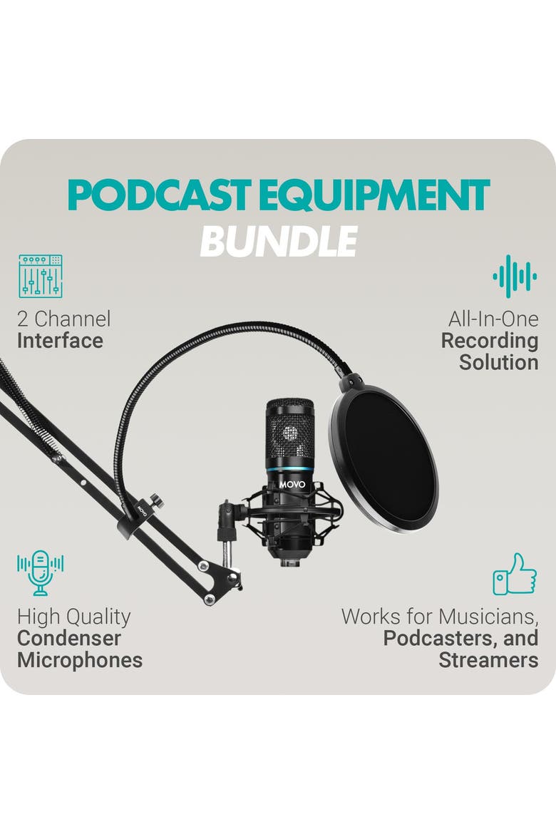 PodKit2A Podcast Bundle for 2 - Includes Microphones, Boom Arms, Pop Filters, and Audio Interface, Alternate, color, Black