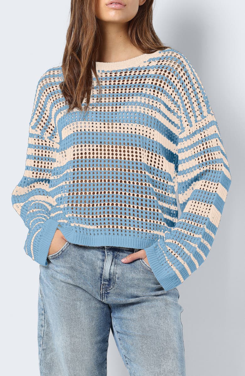 Noisy may Jola Open Knit Sweater, Main, color, Sky Blue Stripes Bir
