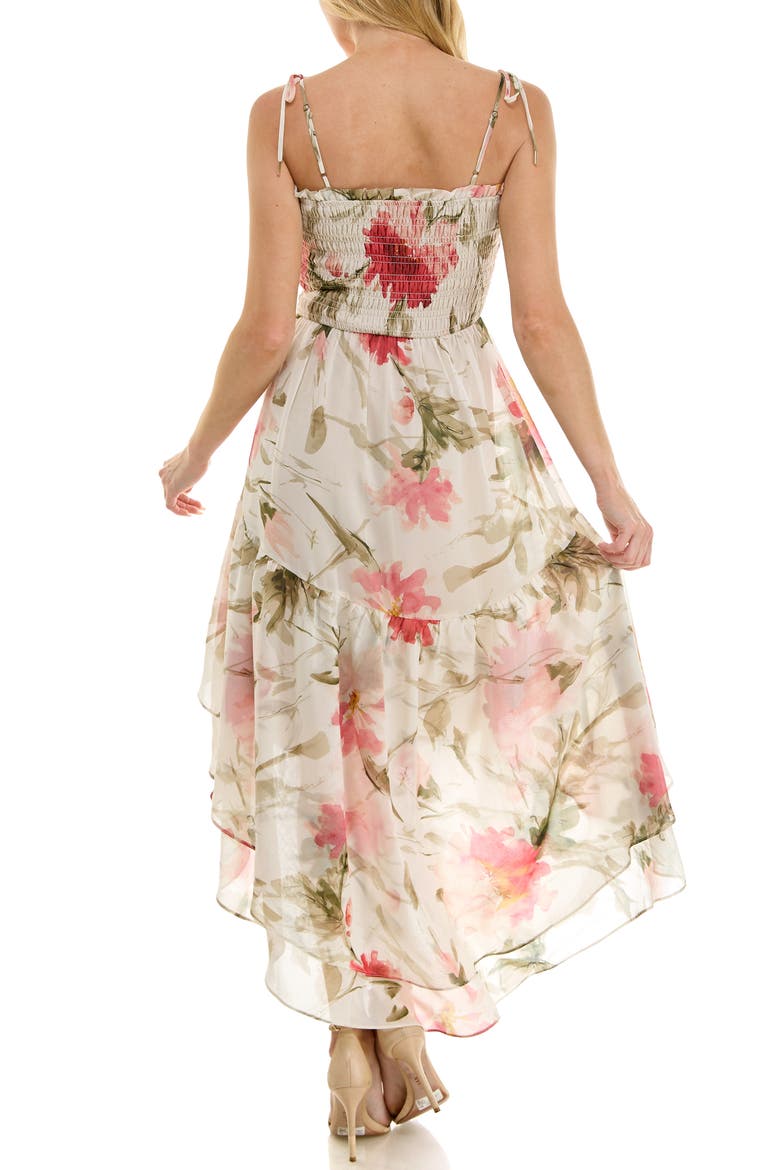 Smocked Bodice Tie Strap High-Low Midi Dress, Alternate, color, CREAM PINK