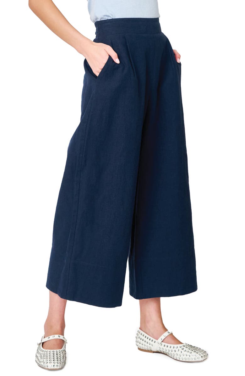 GIBSONLOOK Crop Wide Leg Linen Blend Pants, Alternate, color, Navy