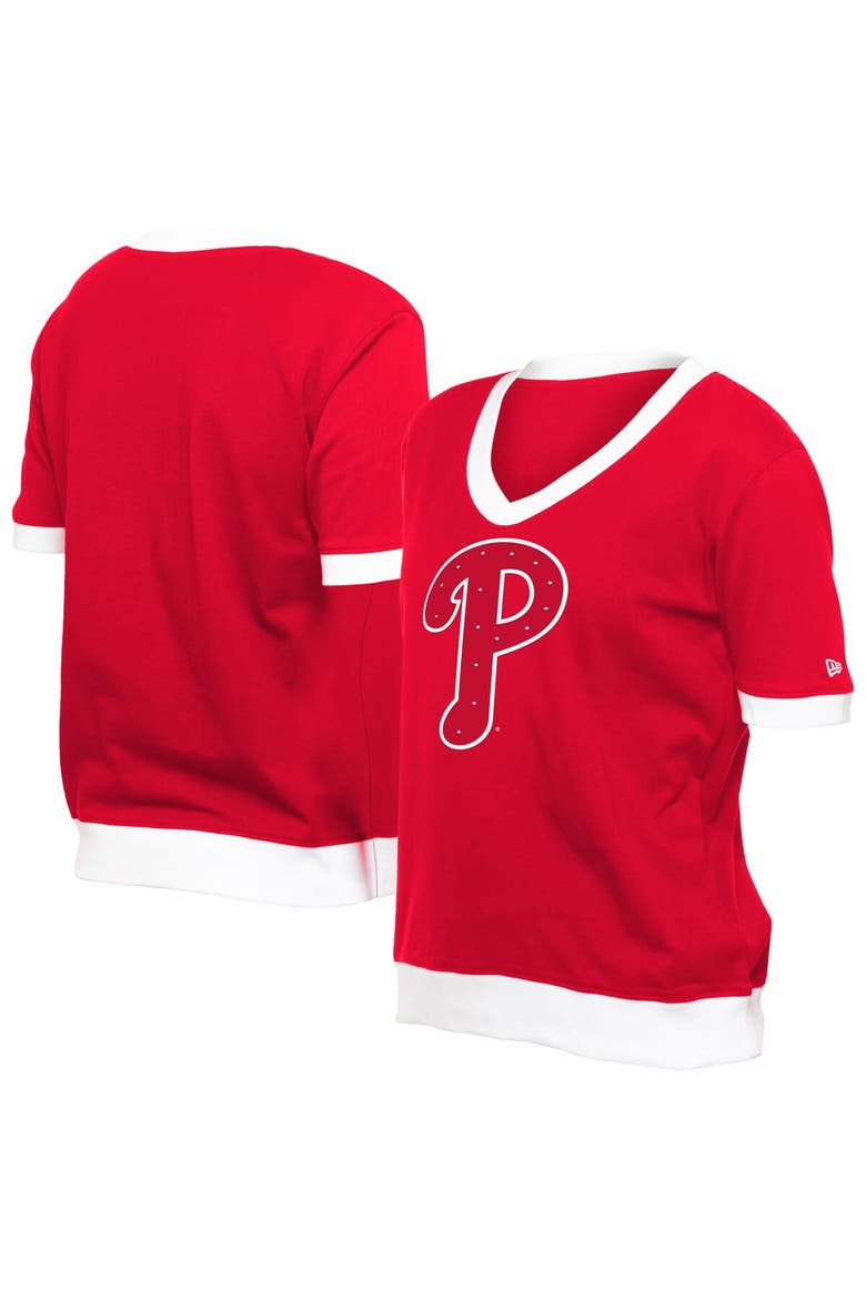 Women's New Era  Red Philadelphia Phillies Game Day Rhinestone V-Neck T-Shirt, Alternate, color, Red