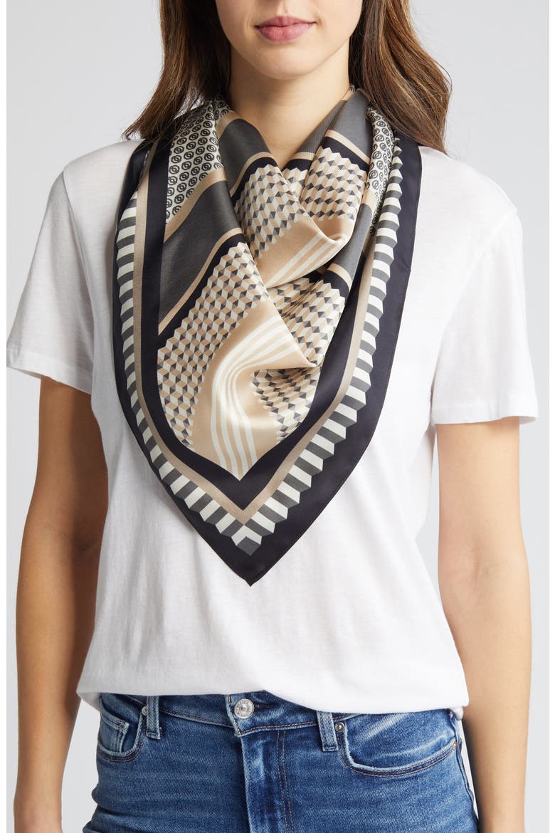 Print Silk Square Scarf, Main, color, BLACK ACUTE GEO