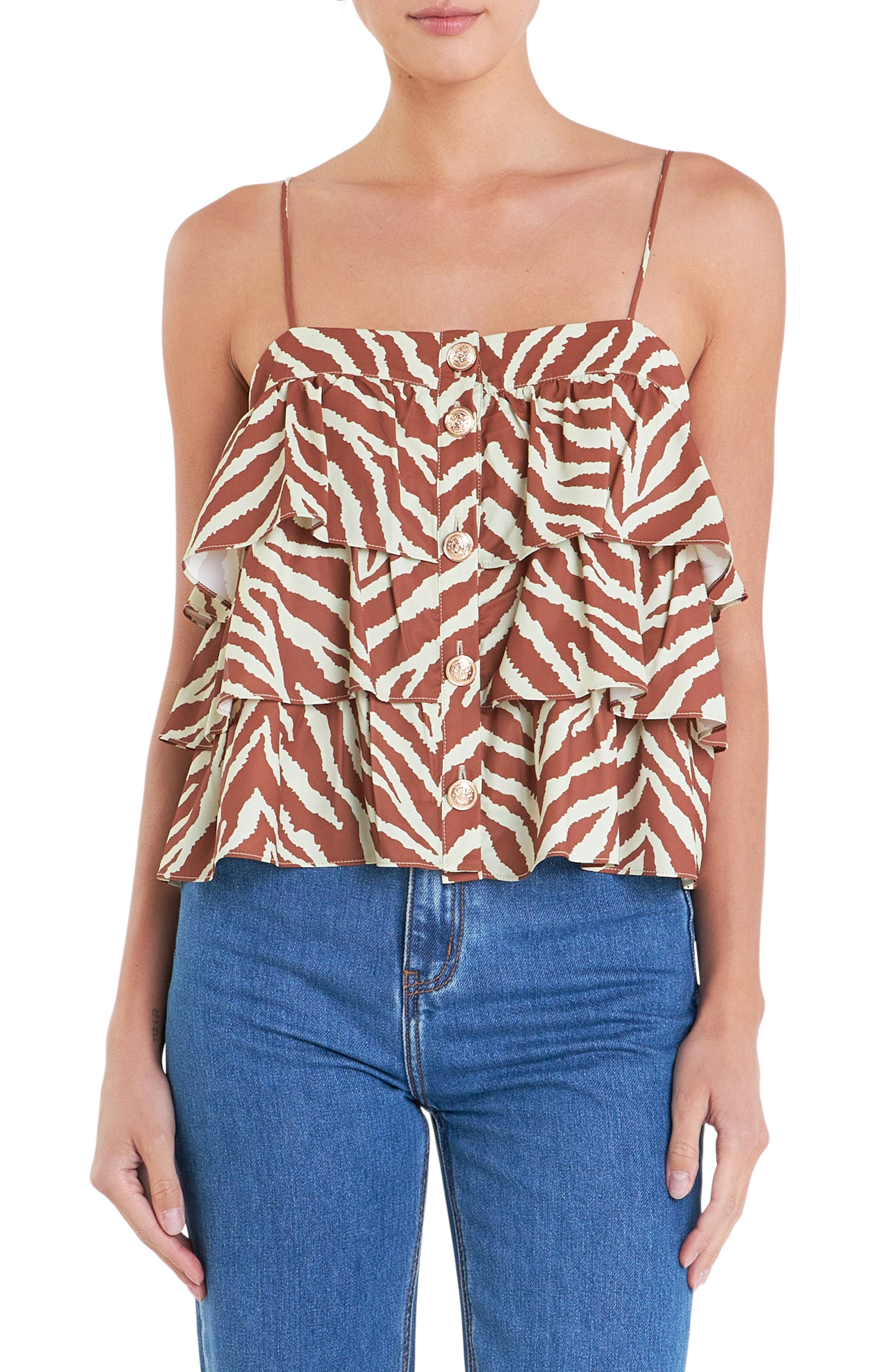 English Factory Zebra Print Tiered Button-Up Camisole