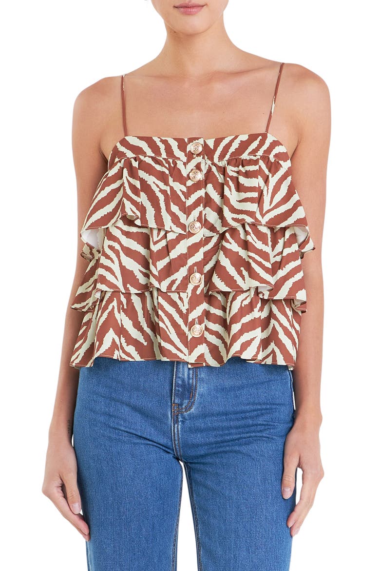 Zebra Print Tiered Button-Up Camisole, Main, color, BROWN MULTI