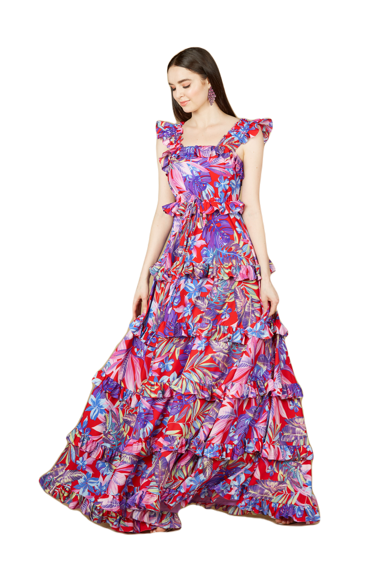 Printed Gown with Ruffle Skirt, Main, color, Red