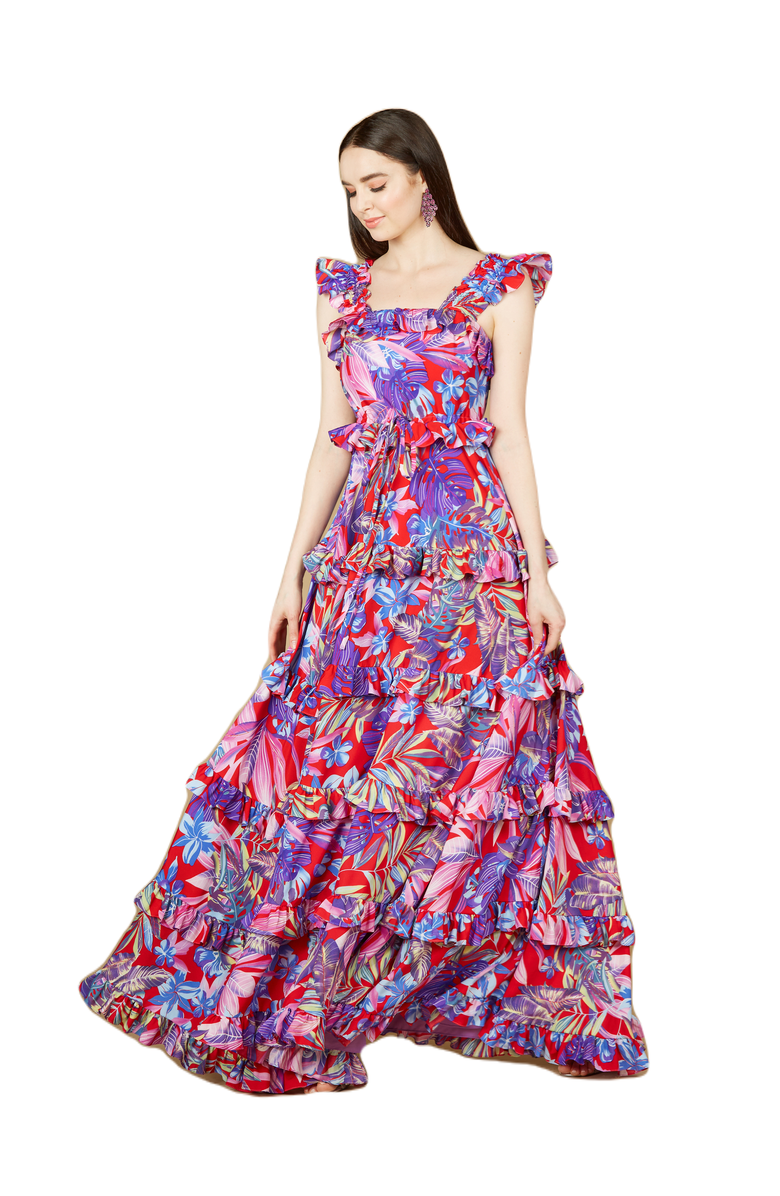 LARA New York Printed Gown with Ruffle Skirt, Main, color, Red