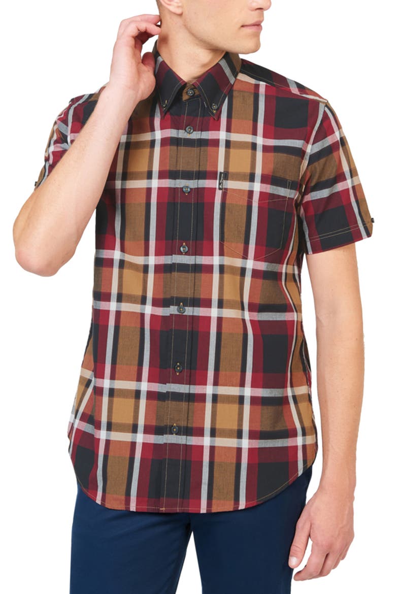 Plaid Short Sleeve Button-Down Shirt, Main, color, RED