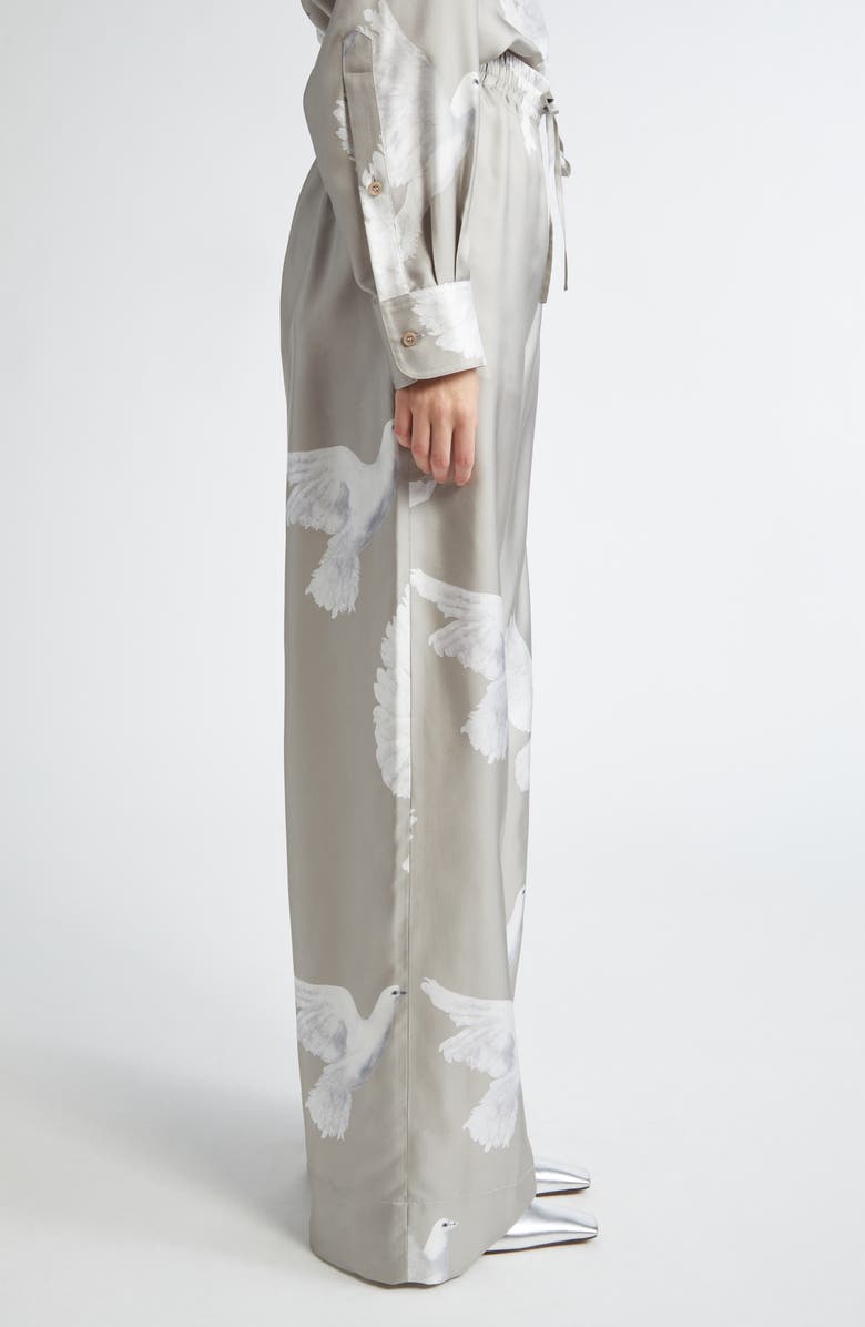 Stella McCartney Birds Print Silk Satin Pants, Alternate, color, Mud
