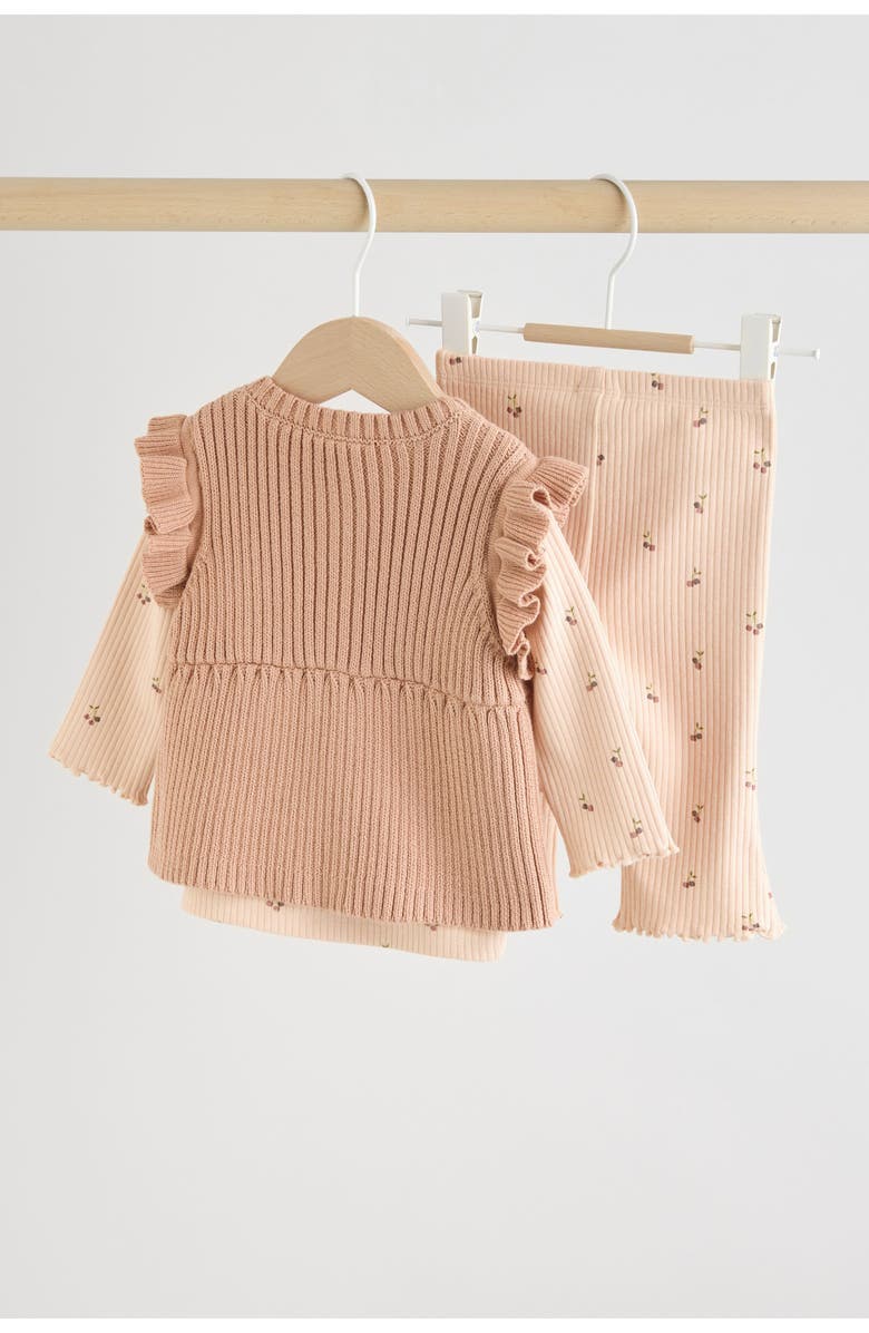 NEXT Kids' Ruffle Vest, Rib T-Shirt & Leggings Set, Alternate, color, Rust Brown