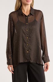 T Tahari Metallic Dot Long Sleeve Button-Up Shirt