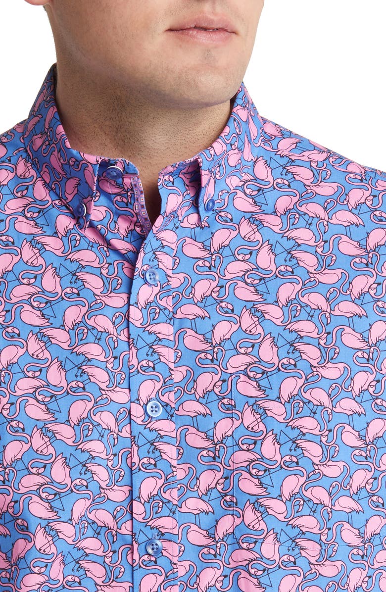 Johnston & Murphy Flamingo Print Short Sleeve Button-Down Shirt, Alternate, color,