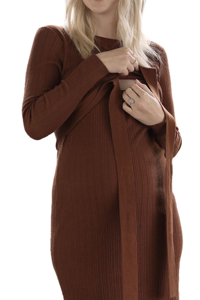 Knit Midi Maternity/Nursing Dress, Alternate, color, WALNUT