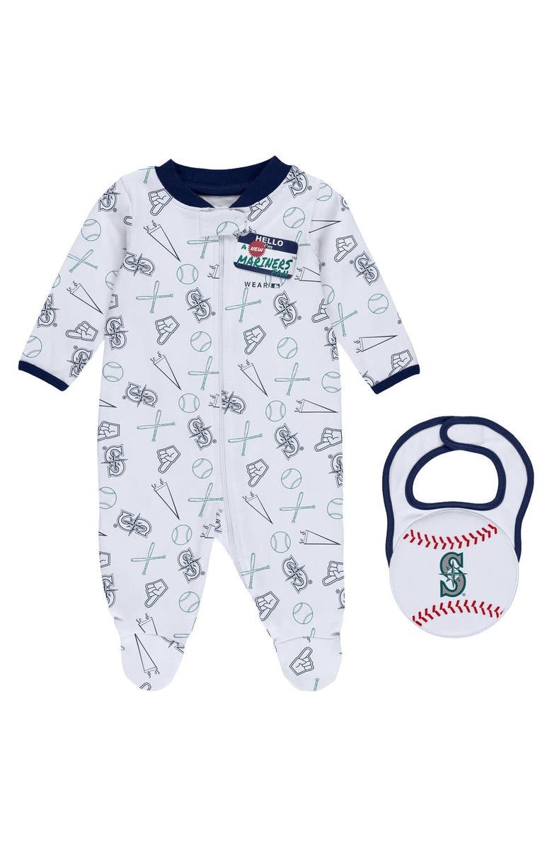 WEAR by Erin Andrews Newborn & Infant WEAR by Erin Andrews White Seattle Mariners Sleep & Play Full-Zip Footed Jumper with Bib, Main, color, 