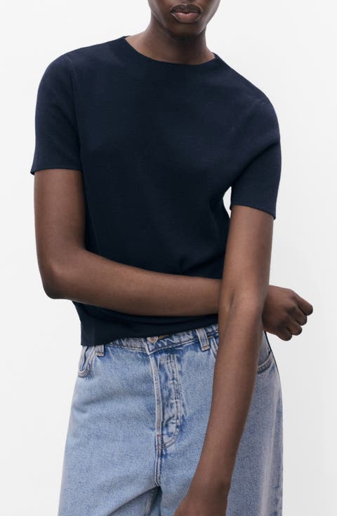 Short Sleeve Fine Knit Cotton Blend Sweater