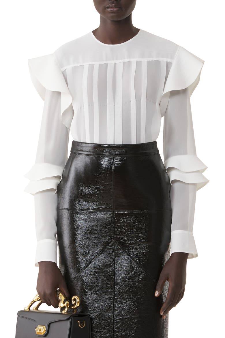 Flounced Blouse In Silk Georgette, Alternate, color, Off White