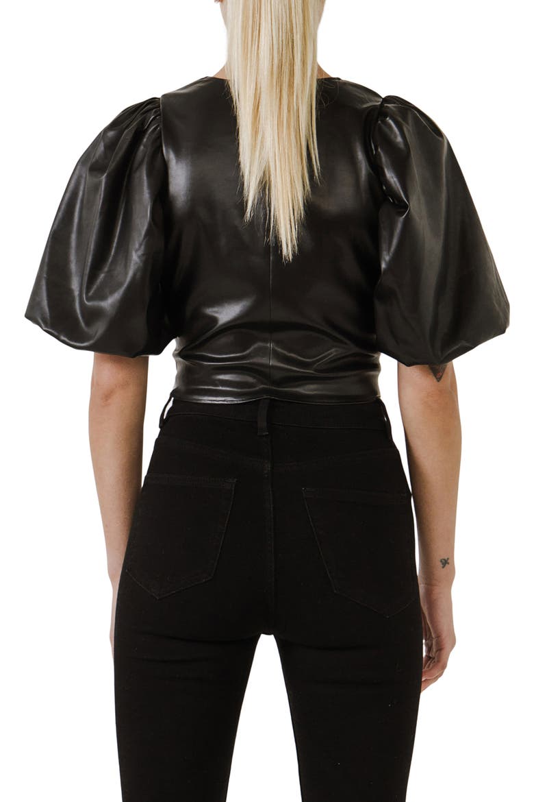 Puff Sleeve Faux Leather Top, Alternate, color, BLACK