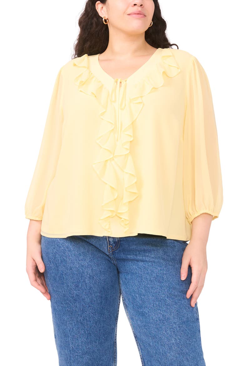 Double Ruffle Tie Neck Top, Main, color, MELLOW YELLOW