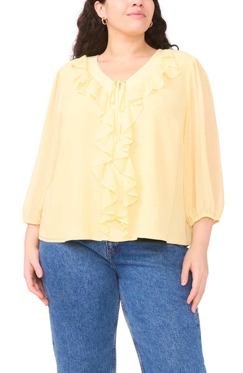 Vince Camuto Double Ruffle Tie Neck Top, Main, color, Mellow Yellow