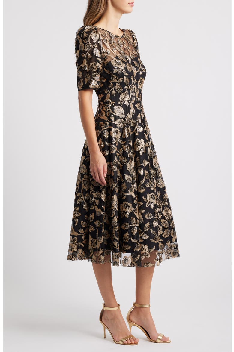 Elbow Sleeve Midi Dress, Alternate, color, BLACK GOLD