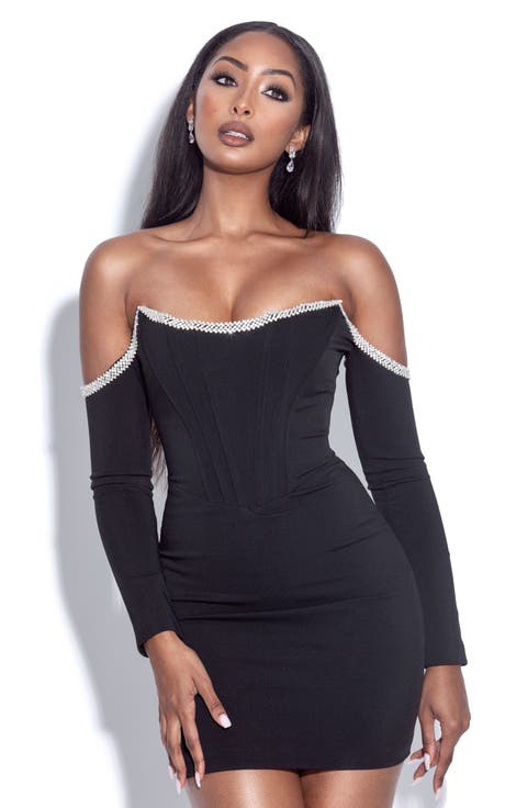 Annika Off Shoulder Long Sleeve Corset Dress With Crystal Trim