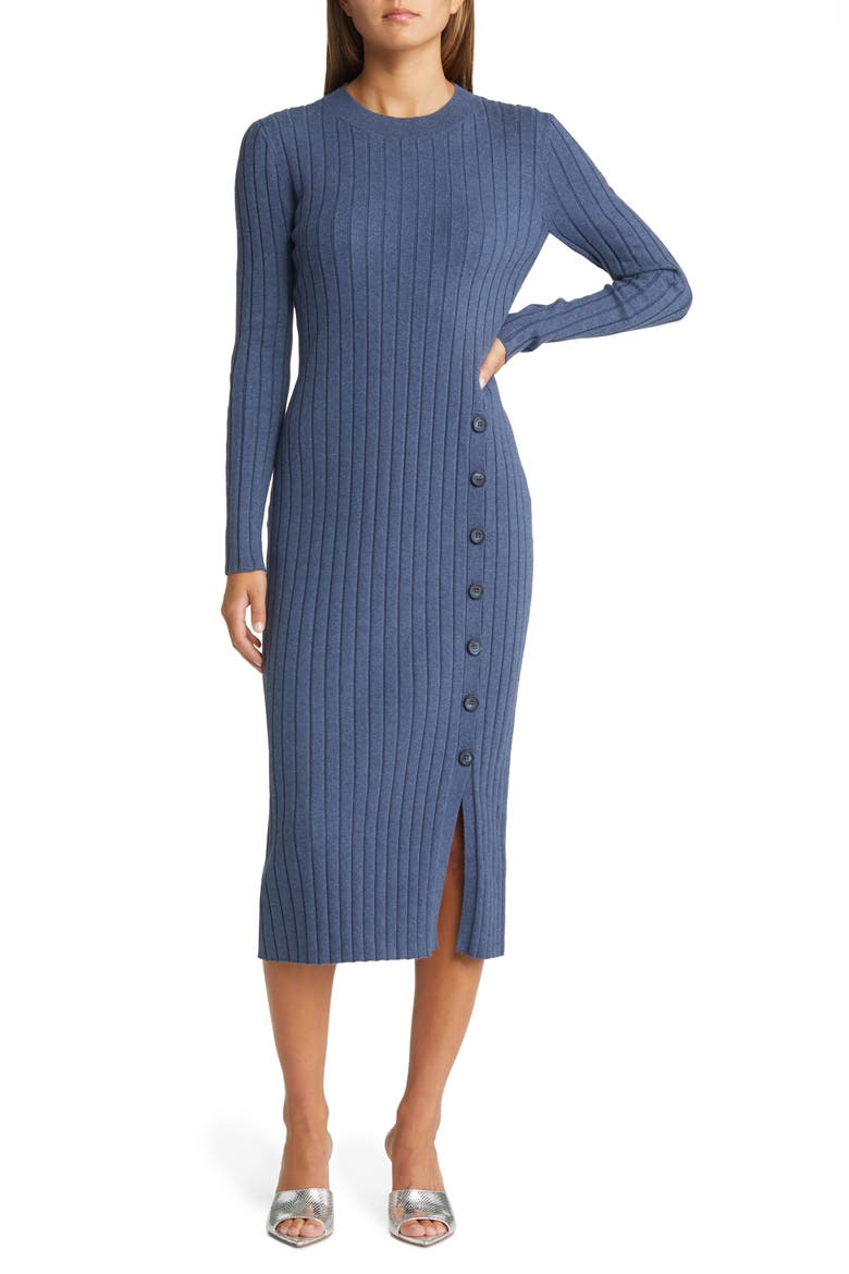 Women's Button Sweater Midi Dress, Main, color, BLUE CANAL HEATHER