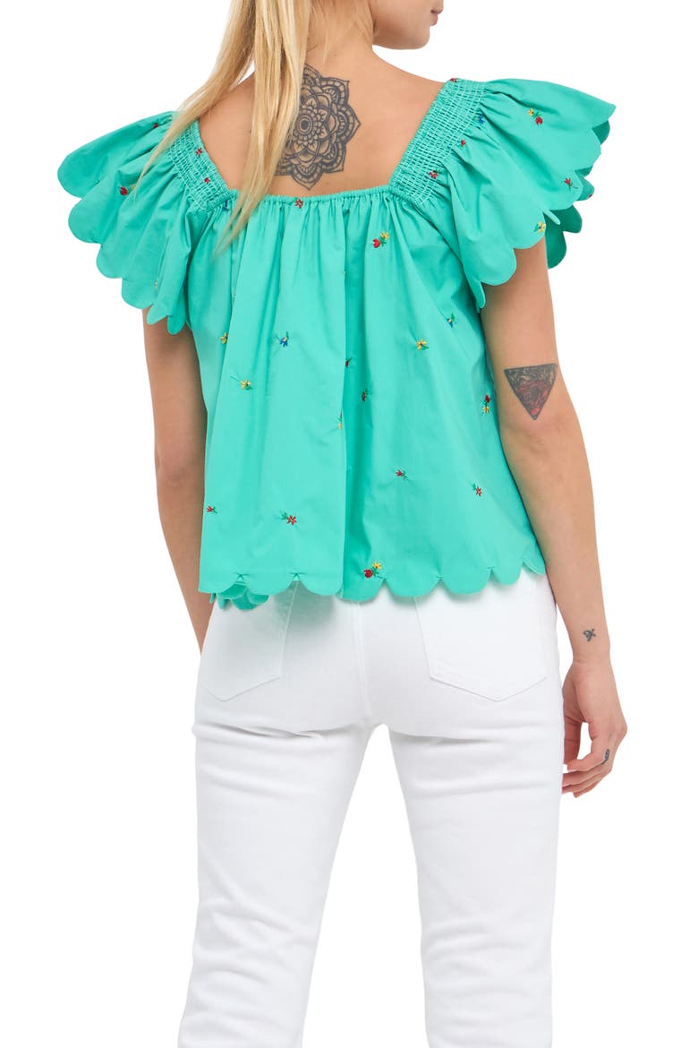 Floral Embroidered Scallop Trim Cotton Top, Alternate, color, EMERALD
