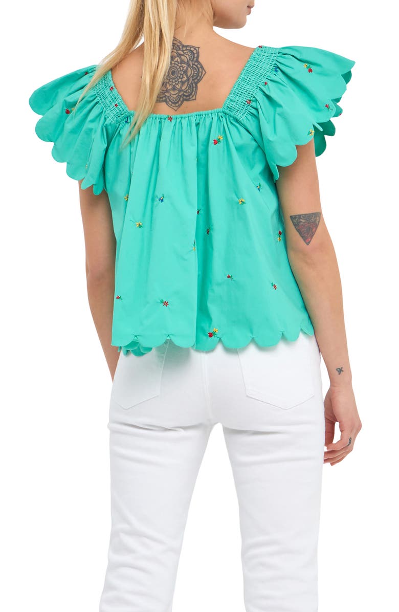 English Factory Floral Embroidered Scallop Trim Cotton Top, Alternate, color, Emerald