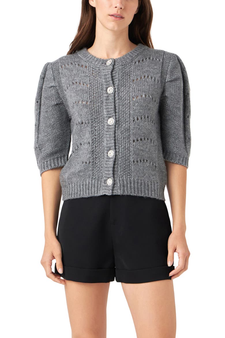 Pointelle Puff Sleeve Cardigan, Alternate, color, GREY