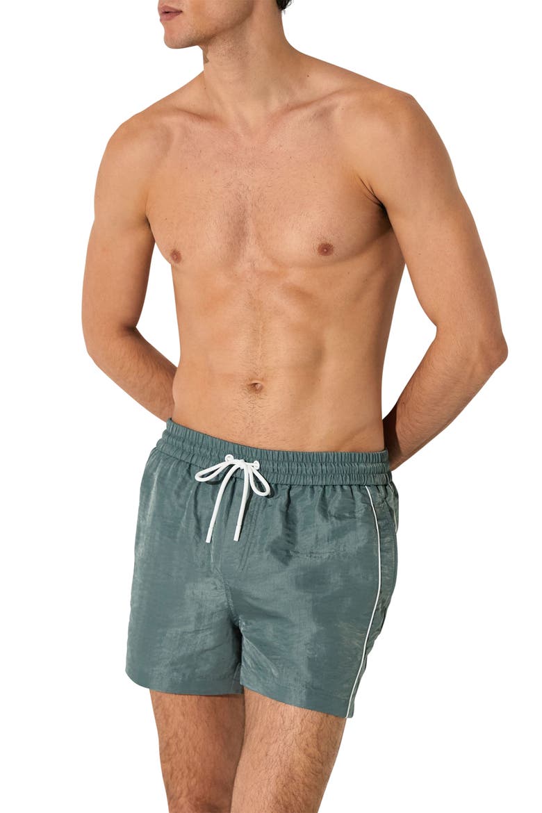 Breeze Piped Nylon Swim Trunks, Main, color, SAGE GREEN