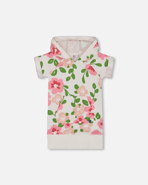 Deux Par Deux Little Girl's Printed French Terry Hooded Dress Pink Flowers On White Background In Pink Flowers On White