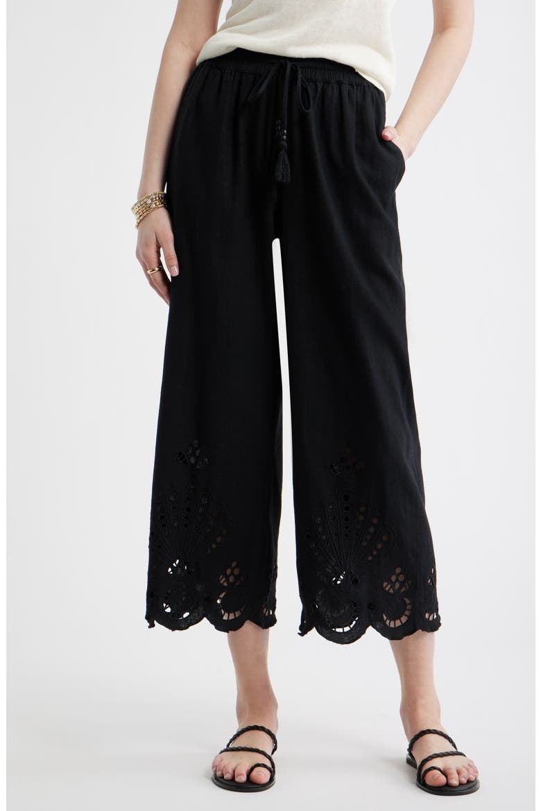 Cutwork Hem Linen Blend Pull-On Pants, Main, color, BLACK