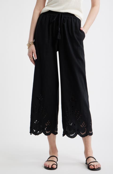 Cutwork Hem Linen Blend Pull-On Pants