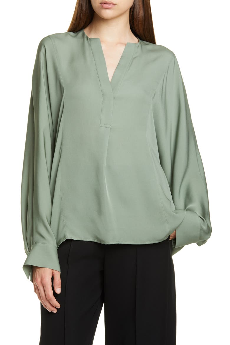 Split Neck Silk Blouse, Main, color, SAGE FLINT