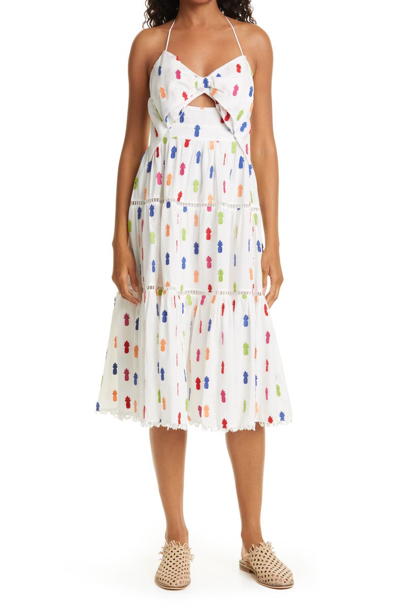 FARM Rio Pineapple AppliquÃ<sup>©</sup> Keyhole Bodice Cotton Midi Dress, Main, color,