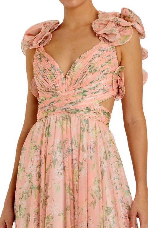Mac Duggal Ruffle Tiered Floral Cut-out Chiffon Gown In Pink Multi